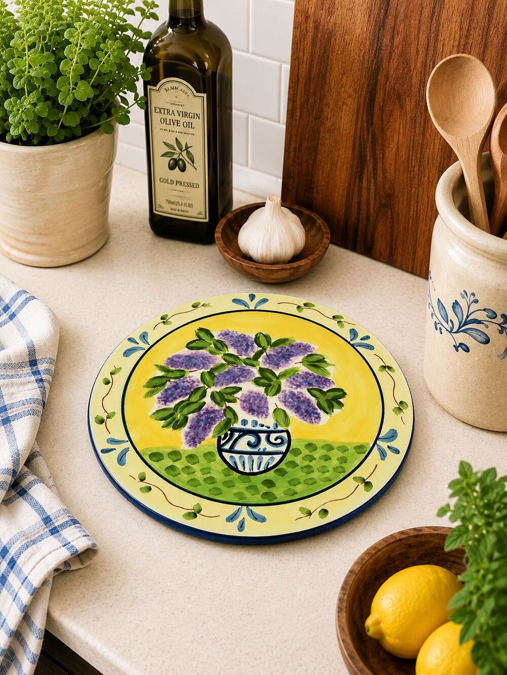Ceramic Trivet Hot Plate Counter Decor Floral Pottery Yellow Blue 7.5"